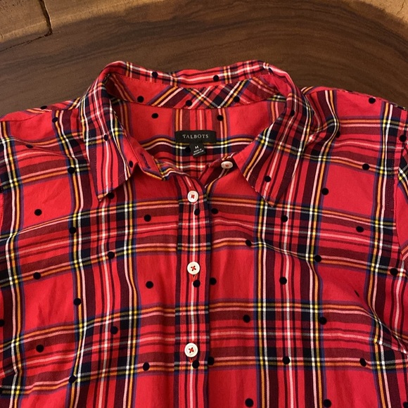 Talbots Red Plaid with Velvet Polka dots Button Down Shirt/ Size medium - Picture 3 of 3